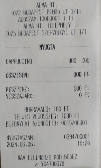 CashBox pénztárgép nyugtaképe