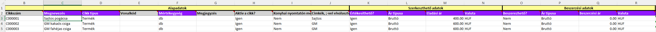 Excel sablon részlet