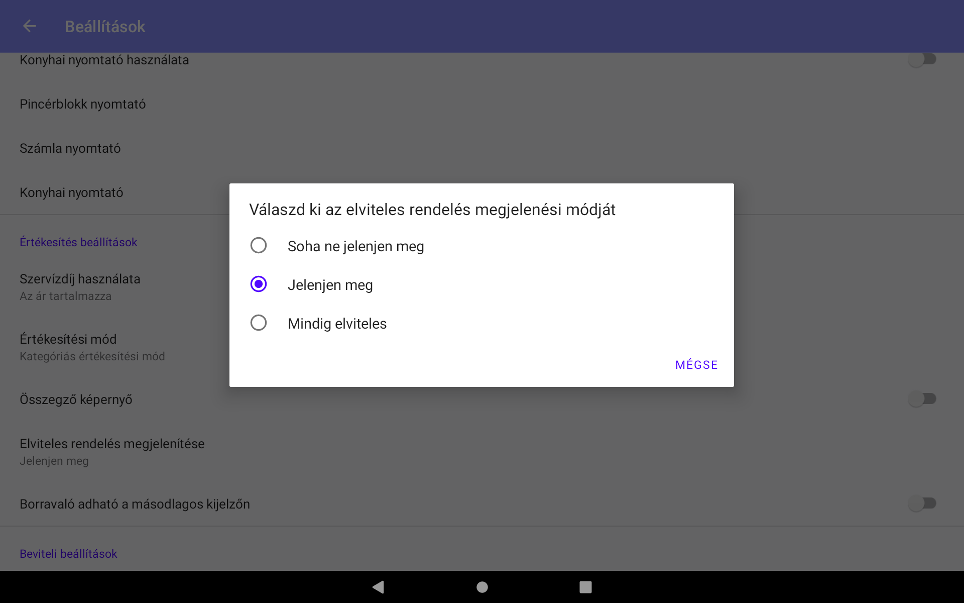 Elviteles rendelés beállításai