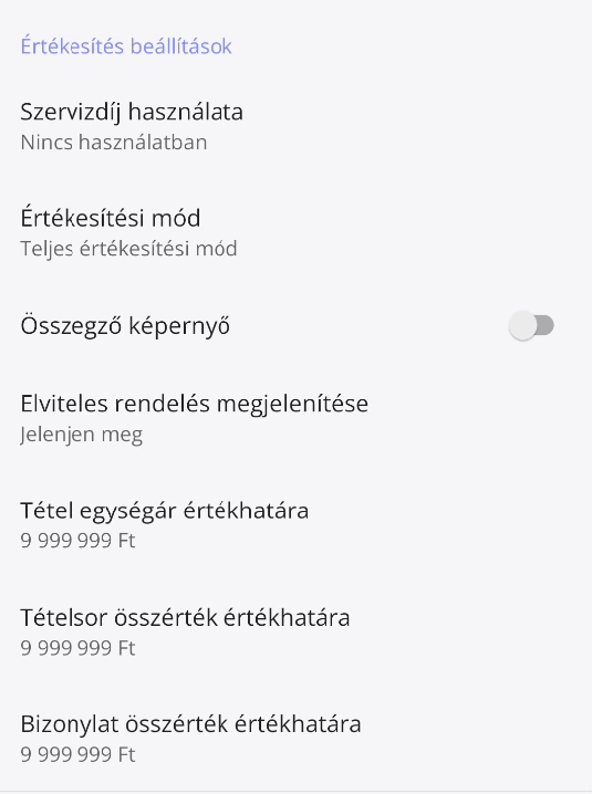 60. ábra. Értékesítési
beállítások