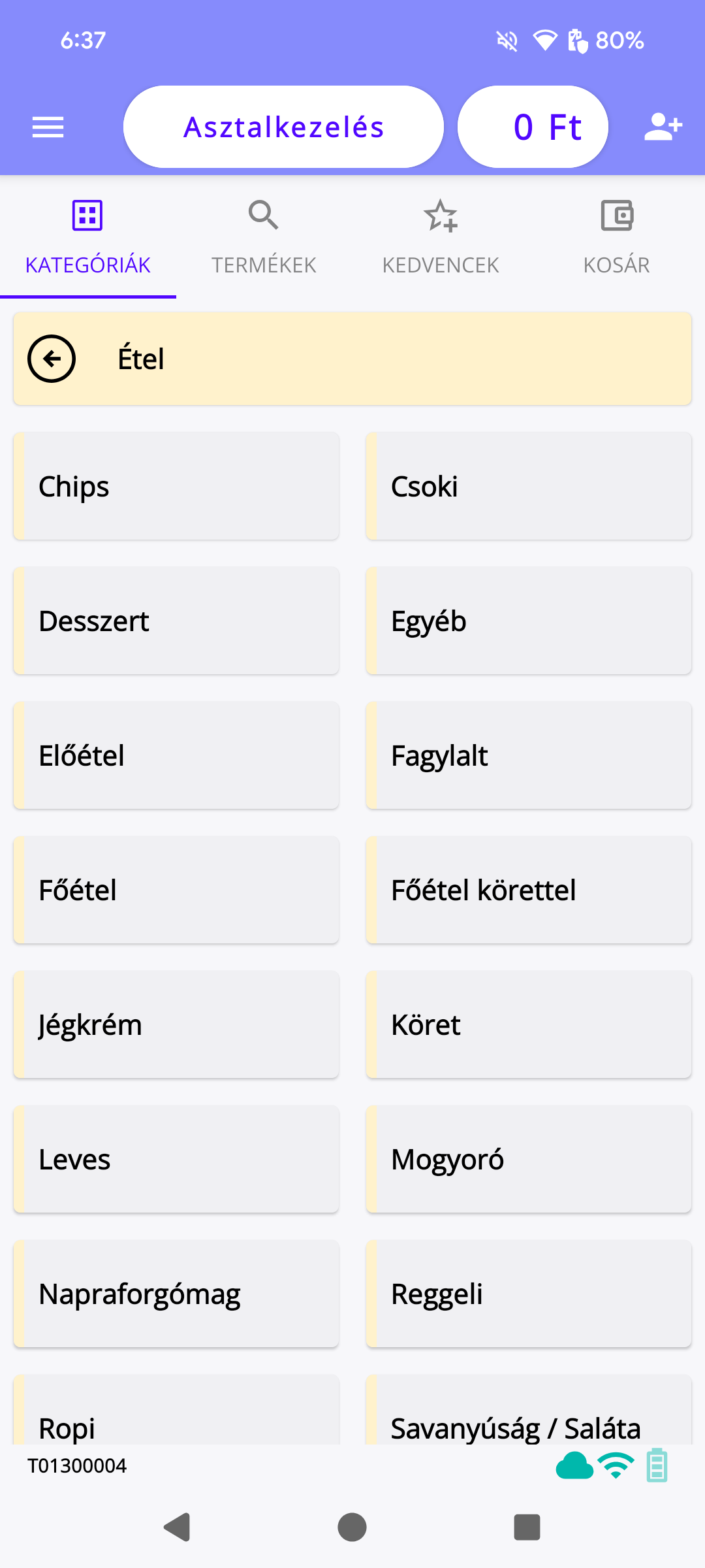 Vendéglátós mód - Kiválasztott
kategória
