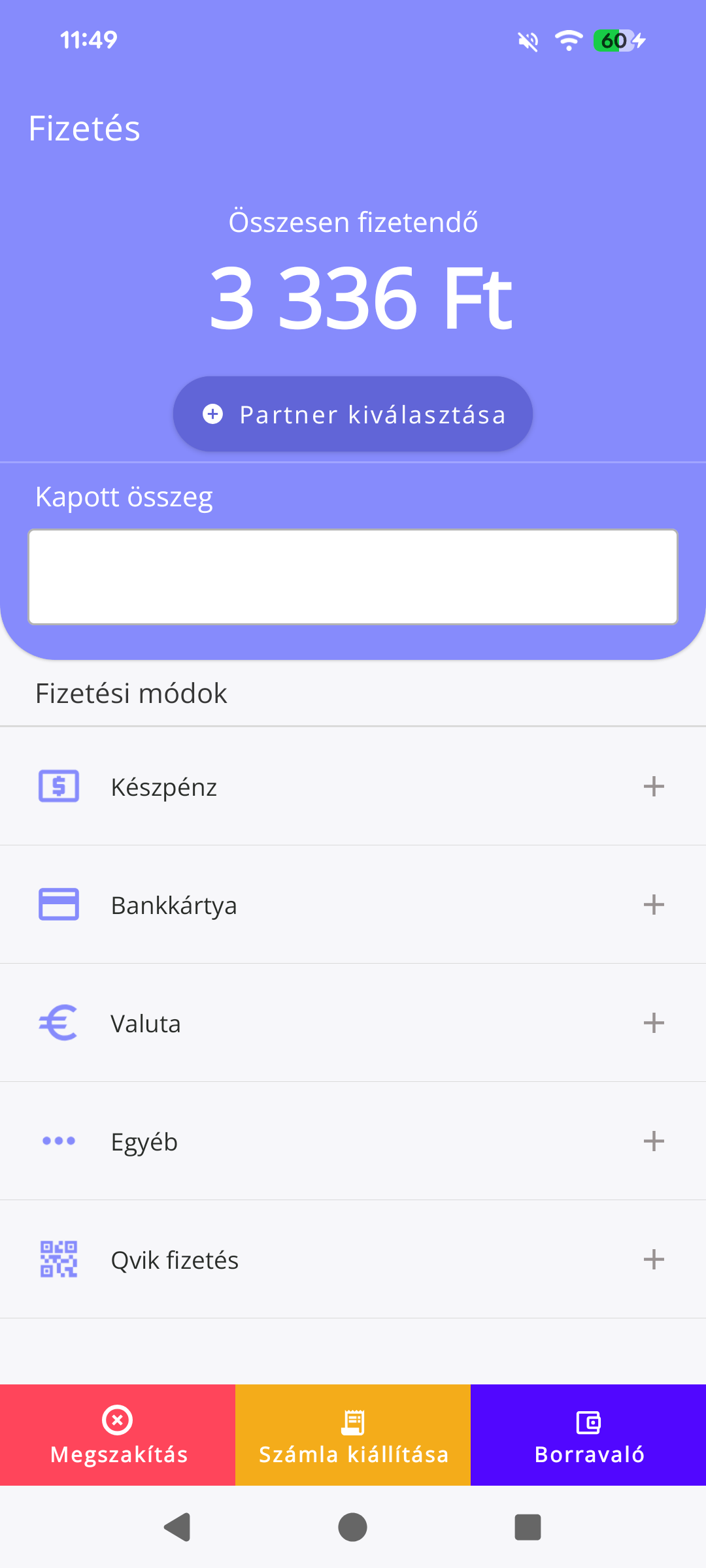 Fizetési
képernyő