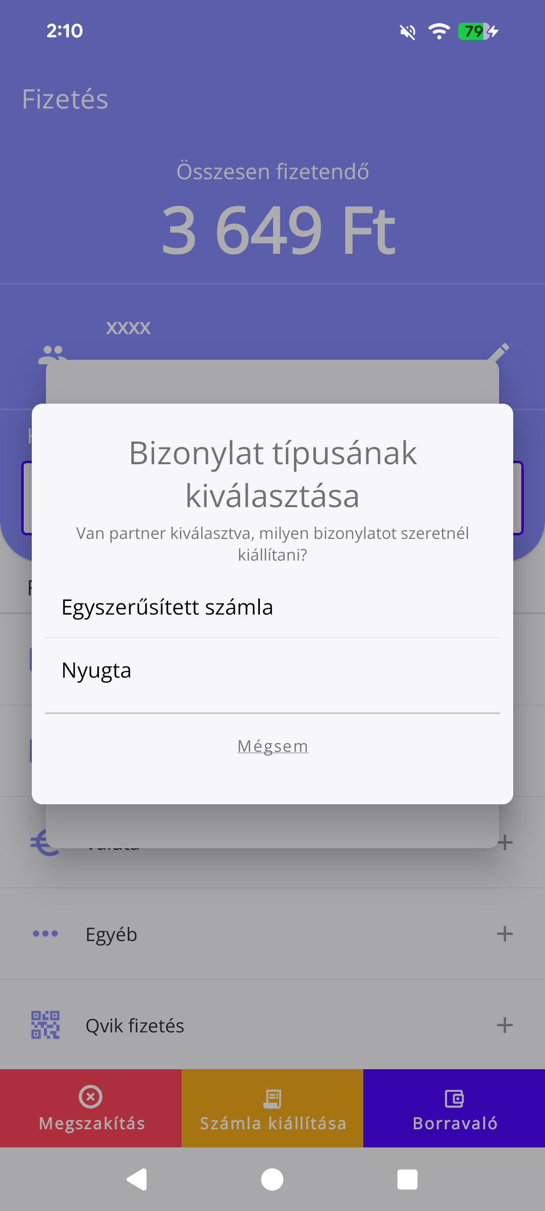 Bizonylat típusának
kiválasztása