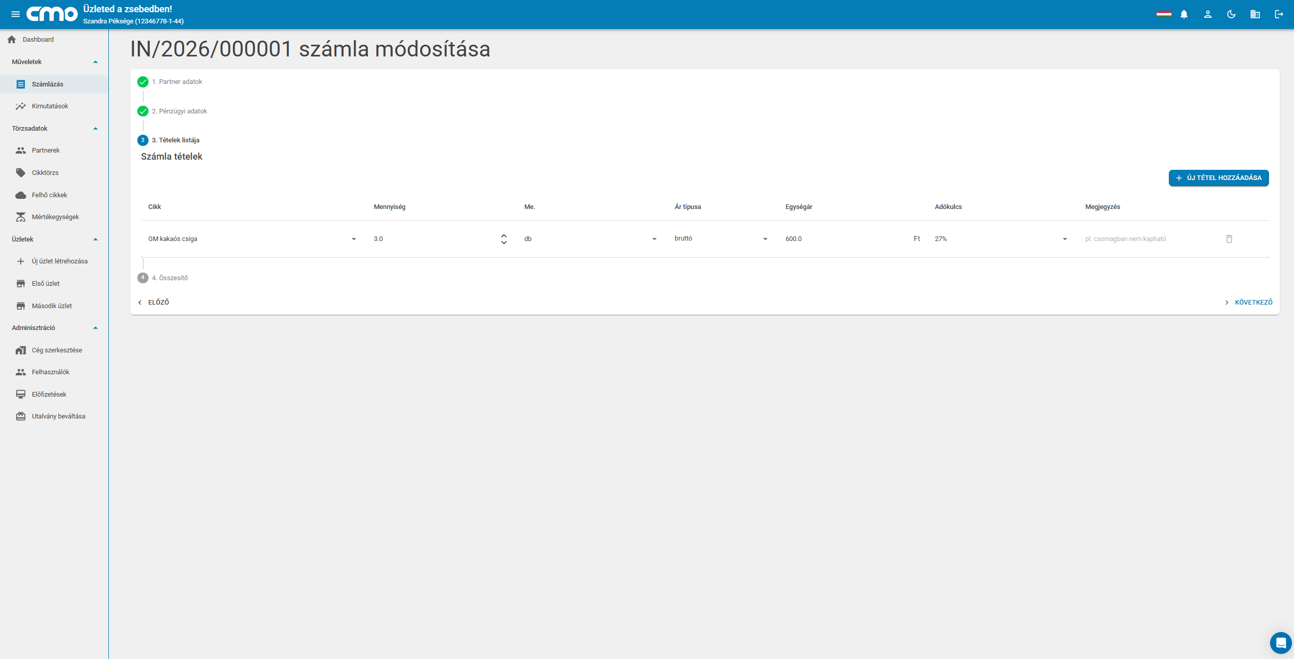 Számla módosítása – tételek